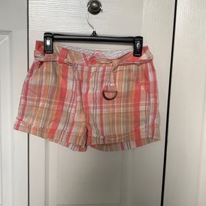 pink, orange and grey plaid shorts